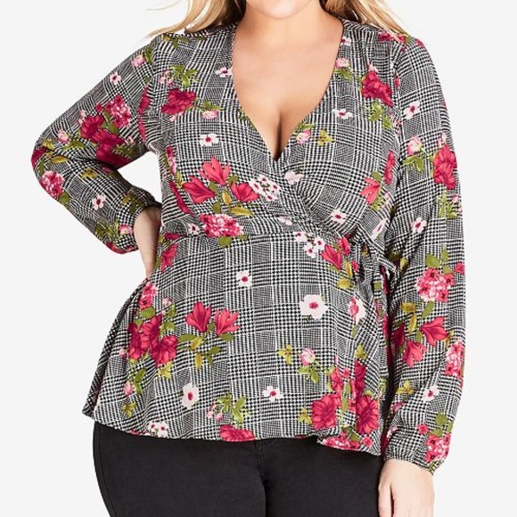 City Chic houndstooth Floral Shirt - Picture 2 of 7